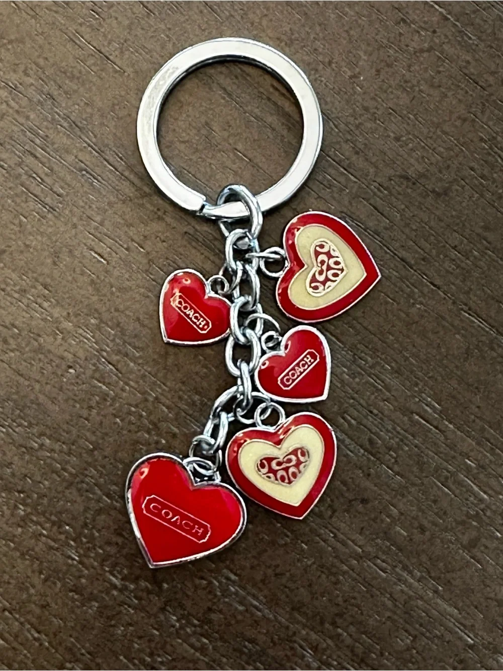 Coach Red and Cream Heart Charm Keychain